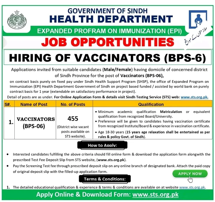 EPI Sindh Vaccinator Jobs Advertisement 2024