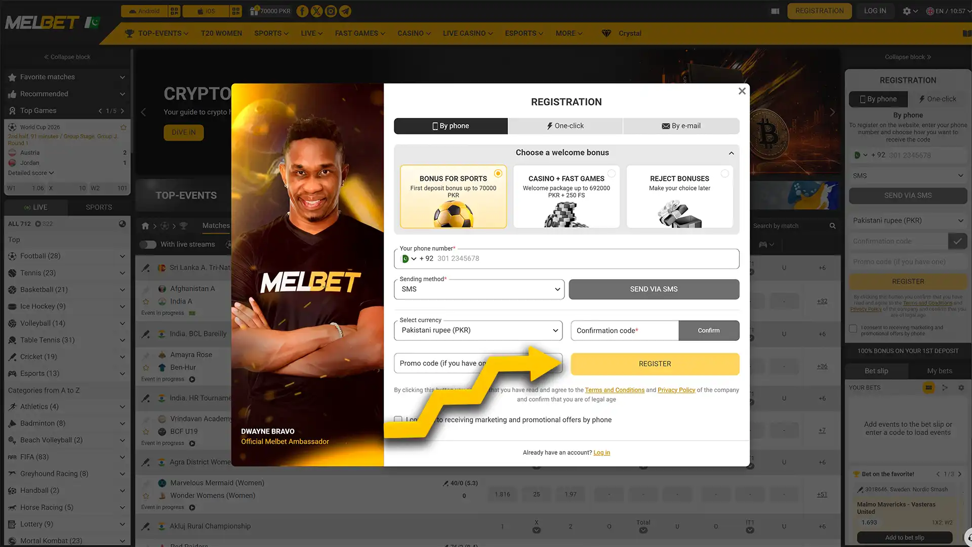 Create an account on the official Melbet website.