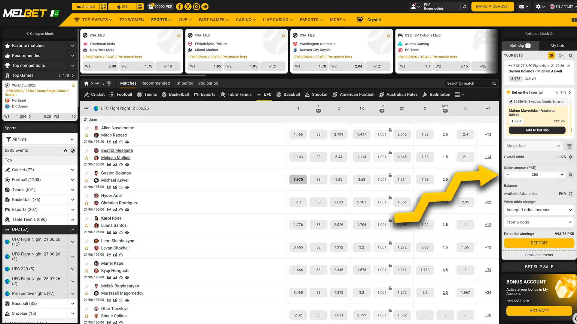 Enter your stake and lock in your bet on the Melbet website.