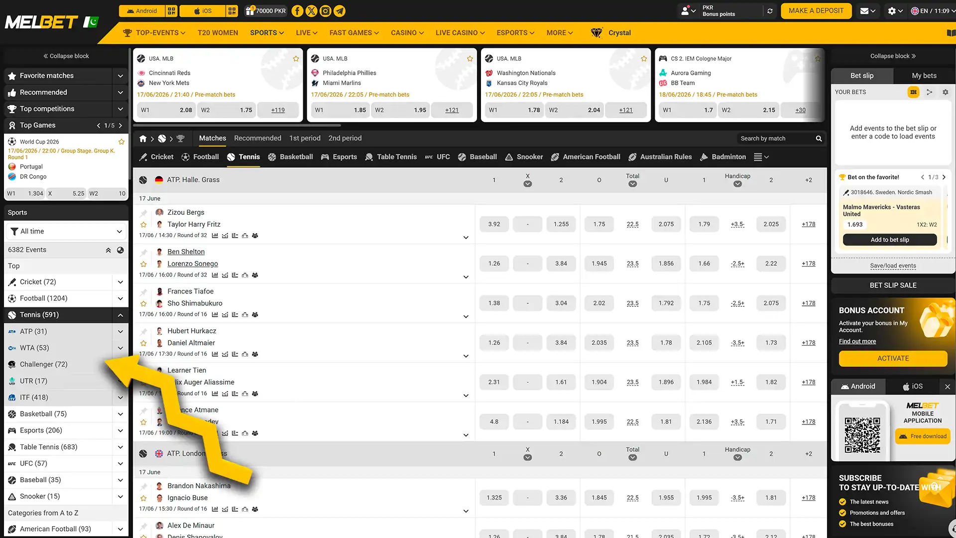 Open the tennis tab and choose a tournament on the Melbet website.